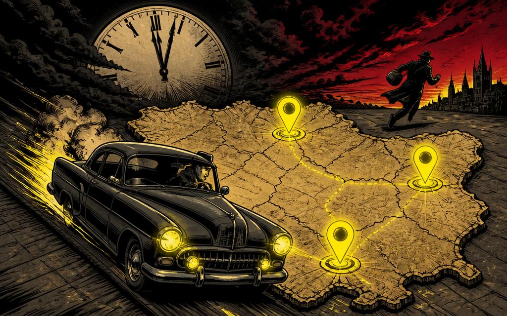 Coche de detective recorriendo el mapa de Castilla y León con el reloj en marcha