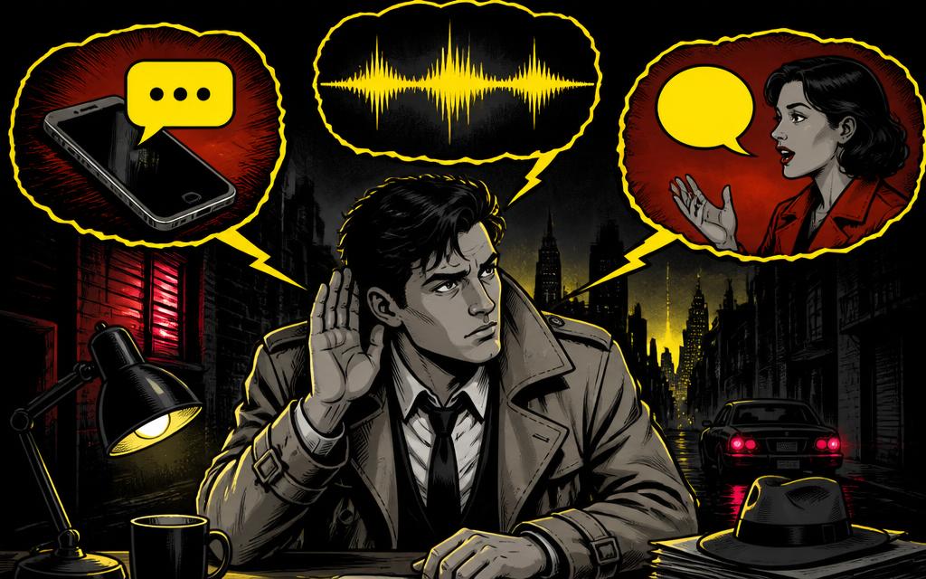 Detective escuchando tres pistas: SMS, audio y testigo
